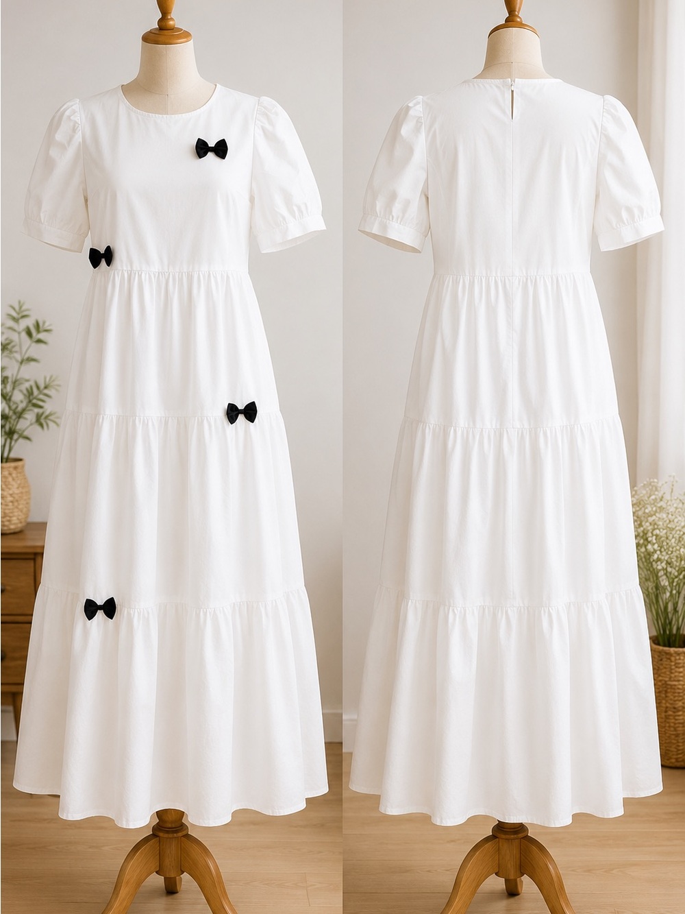 White Cotton Bow Tiered Maxi Dress